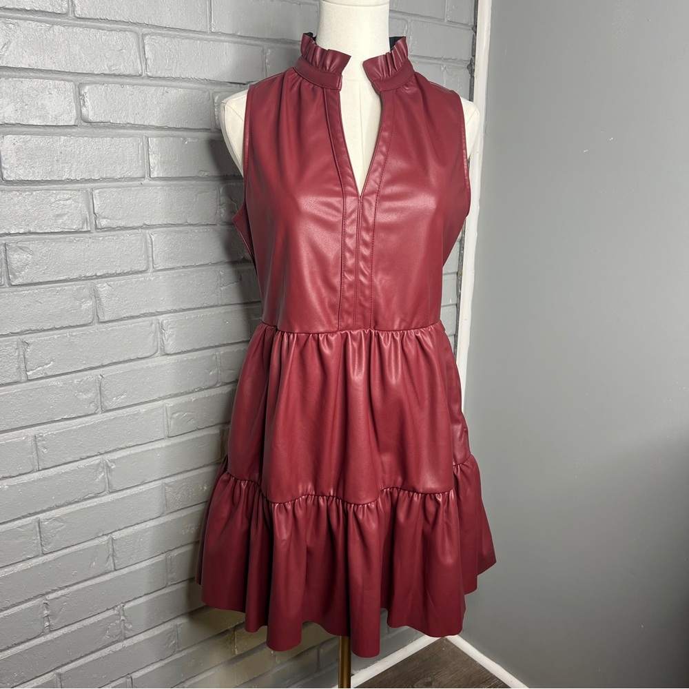 Fate Burgundy Faux Leather Ruffle-Tier Sleeveless Mini Dress Size Small